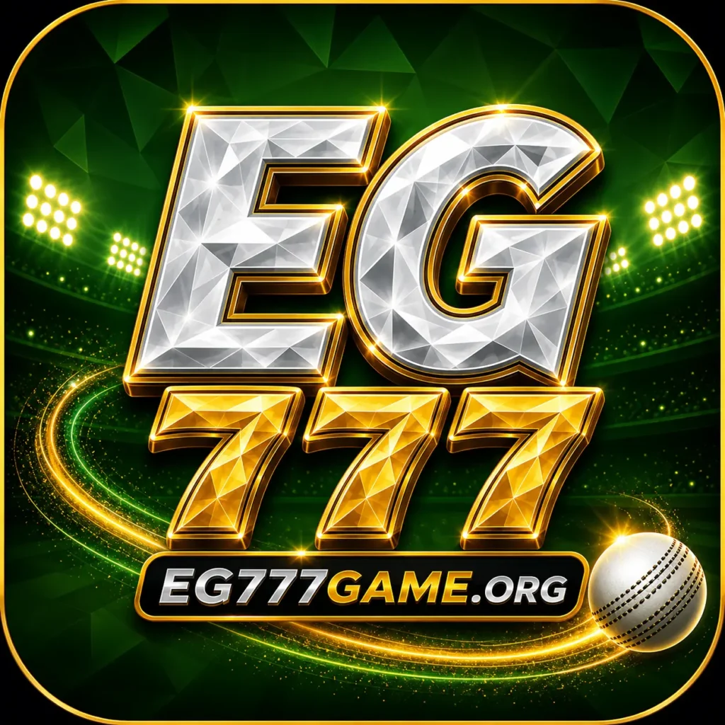 3D EG777 Game logo with silver EG letters, golden 777 numbers, green stadium background, glowing lights, and a cricket ball.